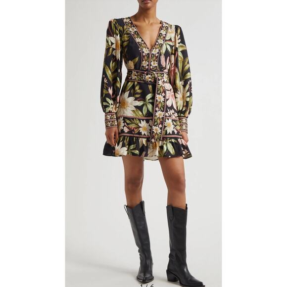 Farm Rio Black Surreal Flowers Long Sleeve Mini Dress size small (New) - Picture 1 of 7